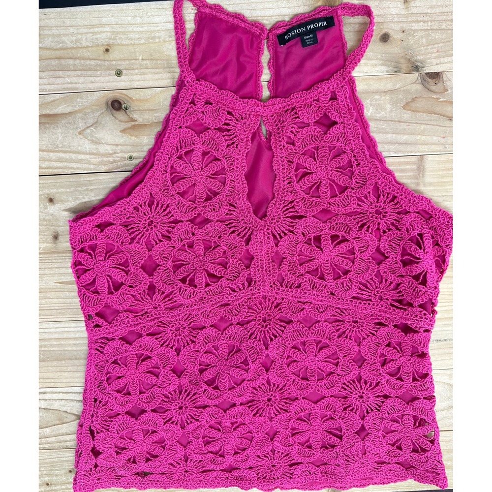 Boston Proper Womens Hot Pink Floral Crochet Halter Top Keyhole Neck Pink Medium
